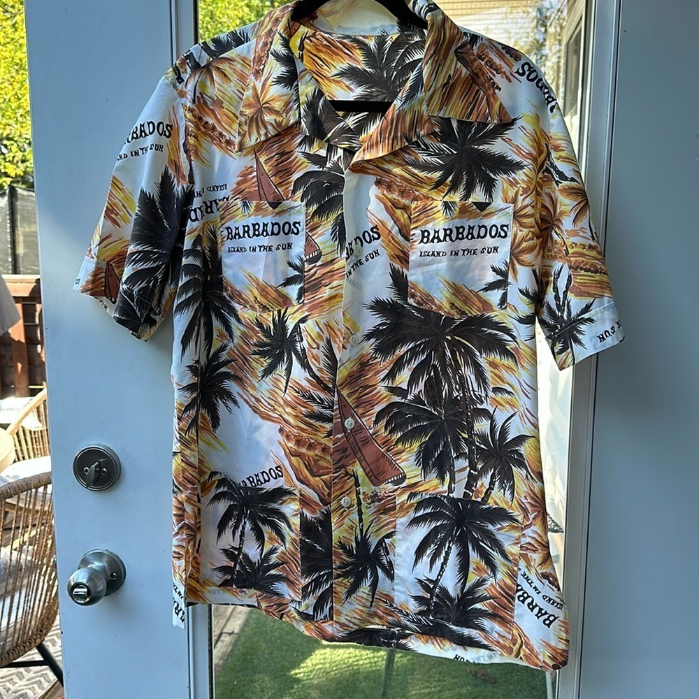 Vintage handmade Barbados island in the sun shirt brown yellow L-XL